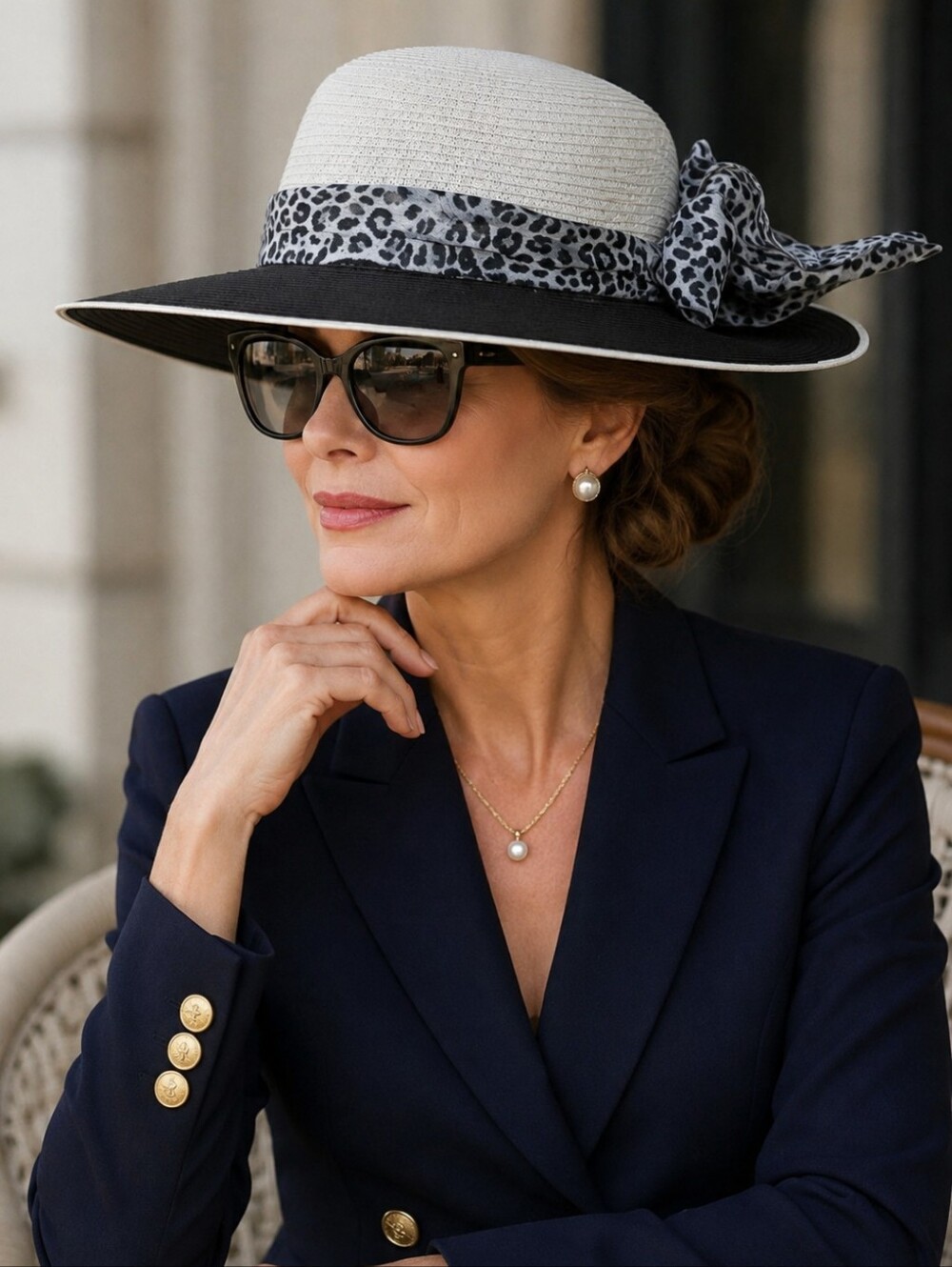 Jacobson Two-Tone Wide Brim Straw Hat with Leopard Scarf Glam Resort Vacation